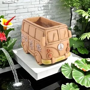 Vintage Inspired Tan VW Bus Planter with Floral Accents
